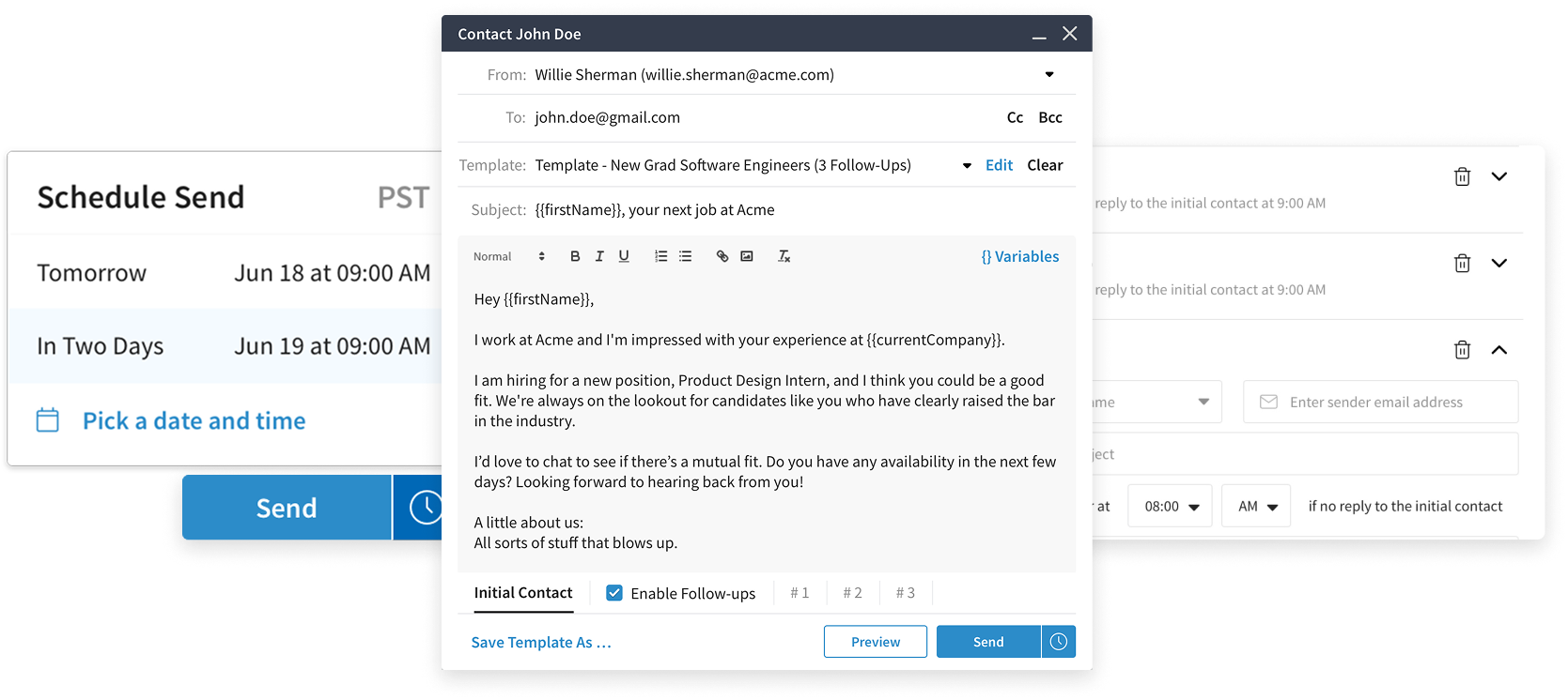 Eightfold email modal with multiple follow-ups and scheduled send
